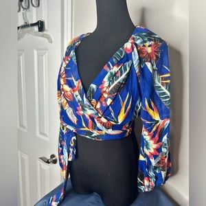Red Carter Tropical‎ Blue Floral Wrap Cropped Blouse Top Small